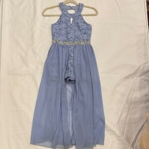 Girls Light Blue Lace & Chiffon Party Dress with Rhinestone Waist